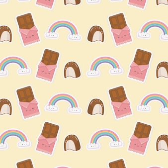 Arcobaleno con nuvole kawaii personaggi e cioccolatini bar pattern