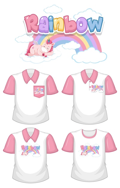 Free vector rainbow with unicorn logo and set of different white shirts with pink short sleeves isolated on white