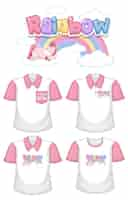 Vettore gratuito arcobaleno con logo unicorno e set di diverse camicie bianche con maniche corte rosa isolate su bianco