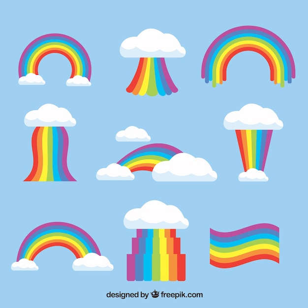 Vettore gratuito collezione di arcobaleni con forme diverse in stile piano