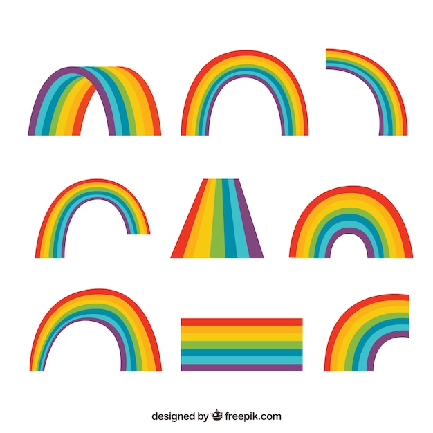 Vettore gratuito collezione di arcobaleni con forme diverse in stile piano