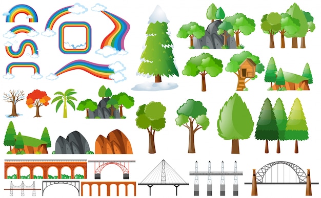 Free vector rainbows, trees and design elements