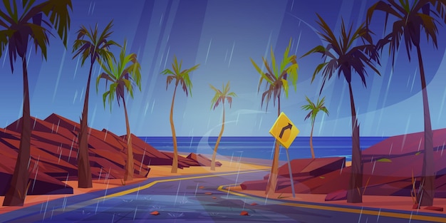 Free vector rainfall on highway to sea beach vector cartoon illustration of dangerous road with sharp turn warning sign rocky stones and palm trees along rainy coastline way dull gray sky stormy weather