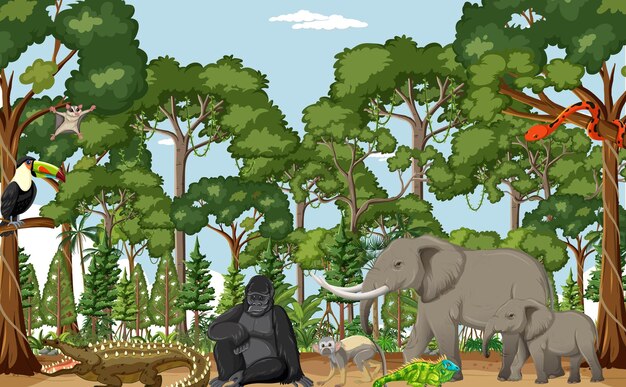 Rainforest scene with wild animals