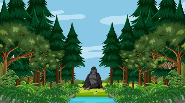 Rainforest or tropical forest at daytime scene with a gorilla