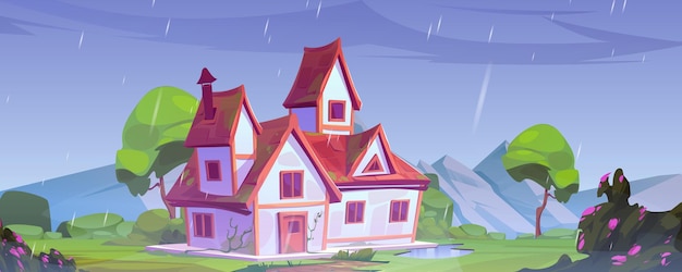 Free vector rainy landscape house surrounded by mountain