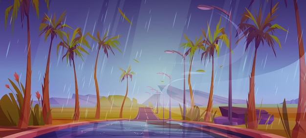 Rainy landscape road with palm trees by sides going into the\
distance perspective view. rain, beautiful tropical nature with\
empty wet highway, dull sky and rocks in far, cartoon vector\
illustration