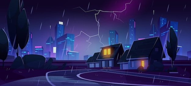 Free vector rainy night in city suburb vector illustration