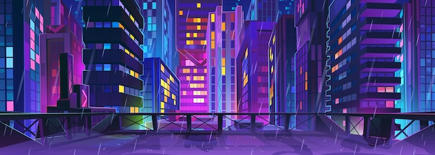 Rainy night cityscape with neon lights