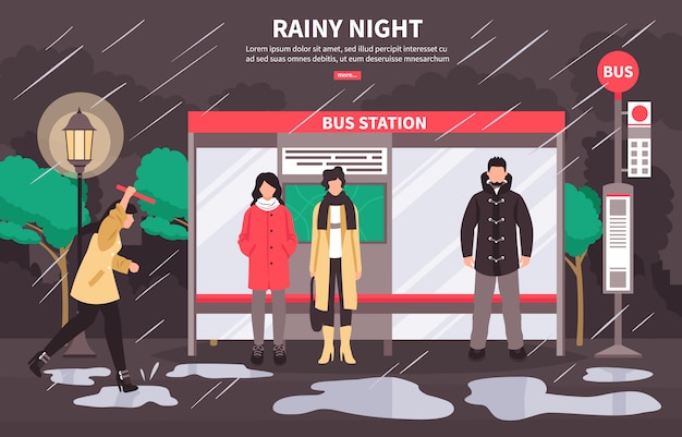 Vettore gratuito banner di rainy weather bus stop