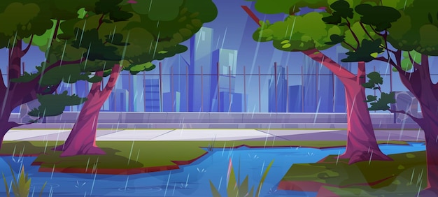 Free vector rainy weather city park with pond and path near fence nature background scene public garden in town forest with river skyscraper view and walkway to downtown green spring season cartoon environment