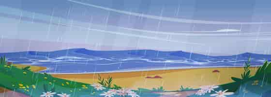 Vettore gratuito tempo piovoso sulla spiaggia estiva vector cartone animato illustrazione di spiaggia sabbiosa bagnata con pietre erba verde e fiori sulle colline onde tempestose sull'acqua pioggia che scorre dal cielo nuvoloso paesaggio cupo