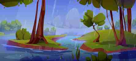 Free vector rainy weather in summer valley with river flowing between green banks vector cartoon illustration of gloomy natural landscape rainfall pouring from dull cloudy sky wet grass and trees spring flood
