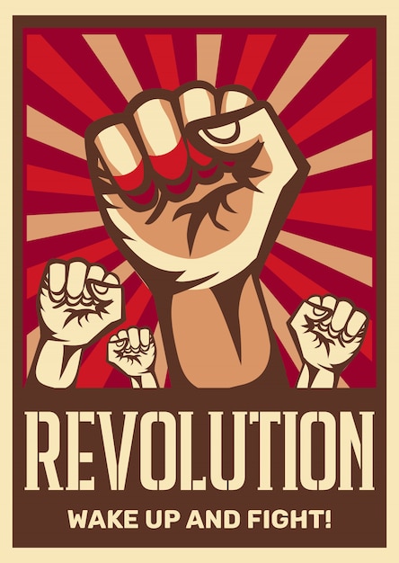 抑圧された人々の戦いと団結する連帯を象徴するポスターを促進する拳を上げたヴィンテージ構成主義革命共産主義