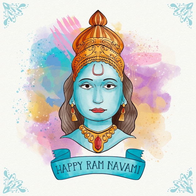 Free vector ram navami with watercolor stains and traditional figure