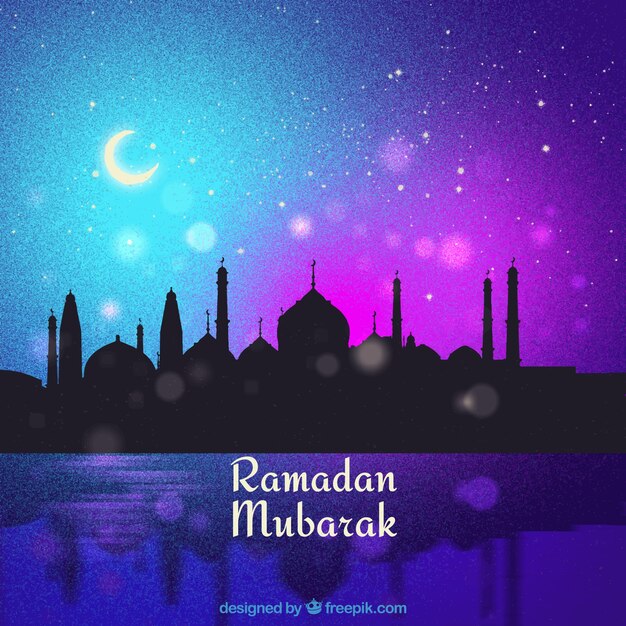 Ramada background with silhouette of mosque in watercolor style