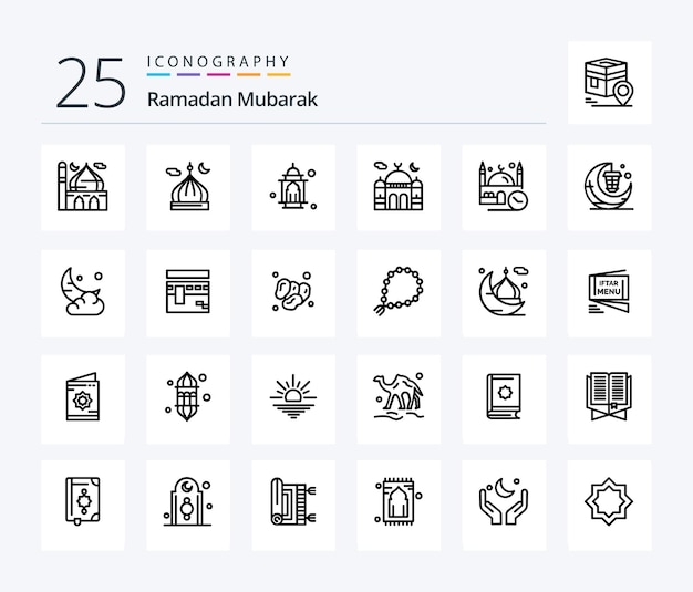 Набор иконок Рамадан 25 Line, включающий лампу рамадана, лунную молитву, полумесяц