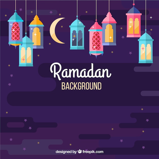 Ramadan background with colorful lamps in flat style