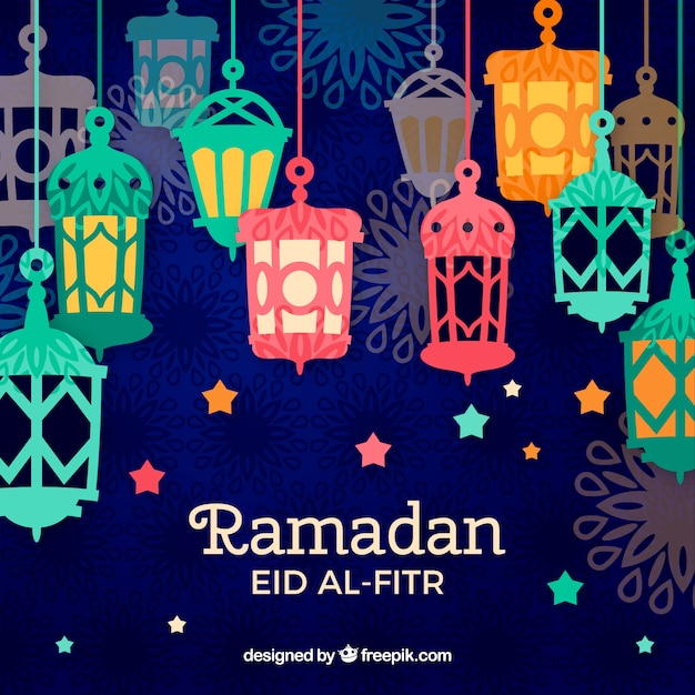 Ramadan background with colorful lamps in hand drawn style