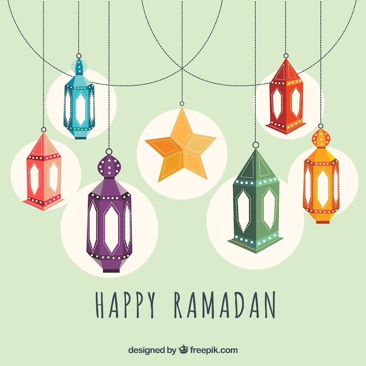 Free Vector ramadan background with colorful lamps and ornaments