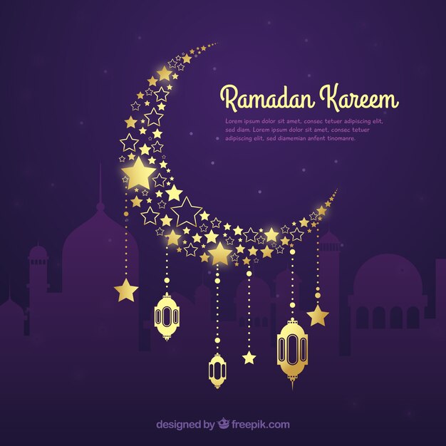 Ramadan background with golden moon in hand drawn style