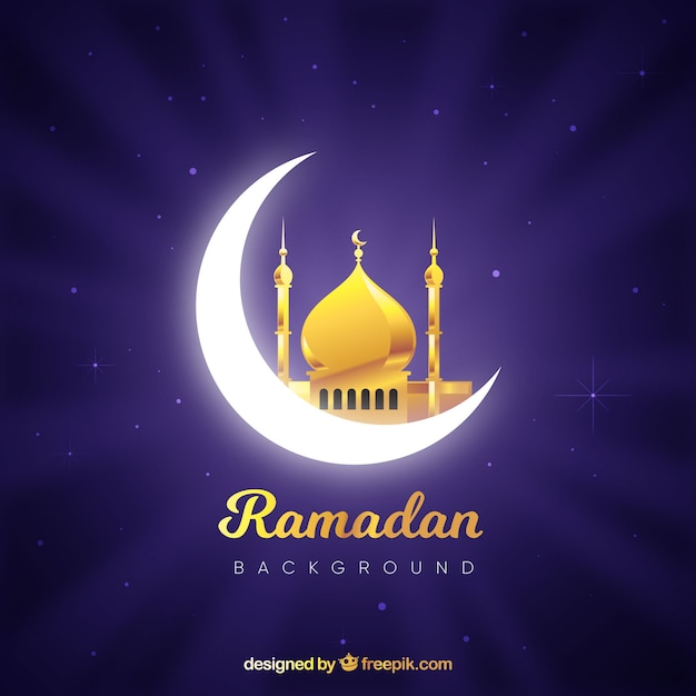 Ramadan background with golden mosque on moon shape