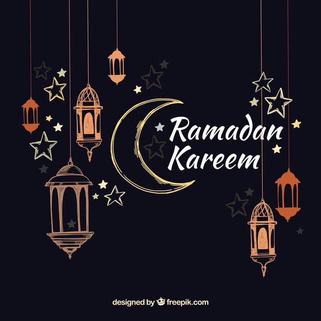 Ramadan background with lamps in hand drawn style