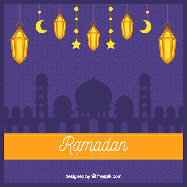 Ramadan background with lamps and mosque