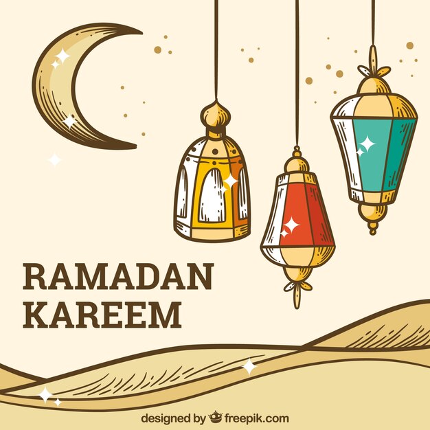 Рамадан фон с луны и лампы в ручном стиле