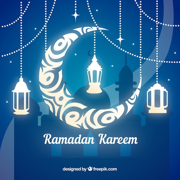 Free vector ramadan background with moon and lamps