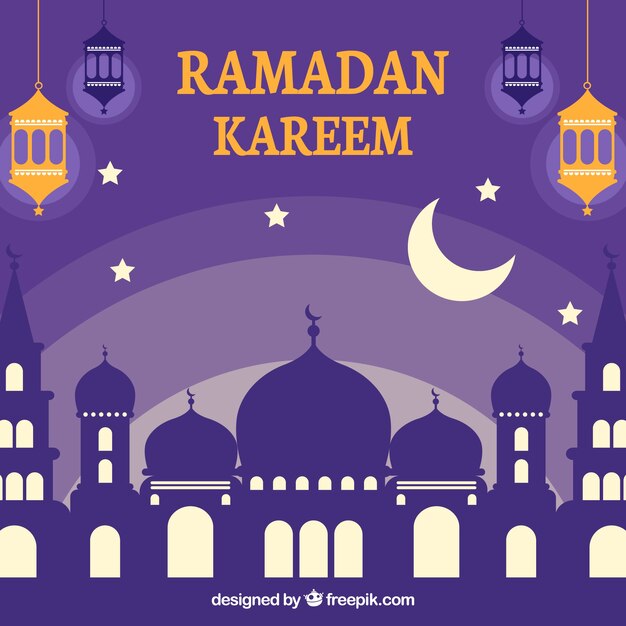 Free vector ramadan background with mosque in flat style