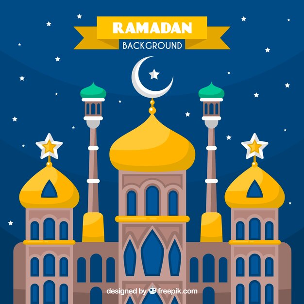 Ramadan background with mosque in flat style