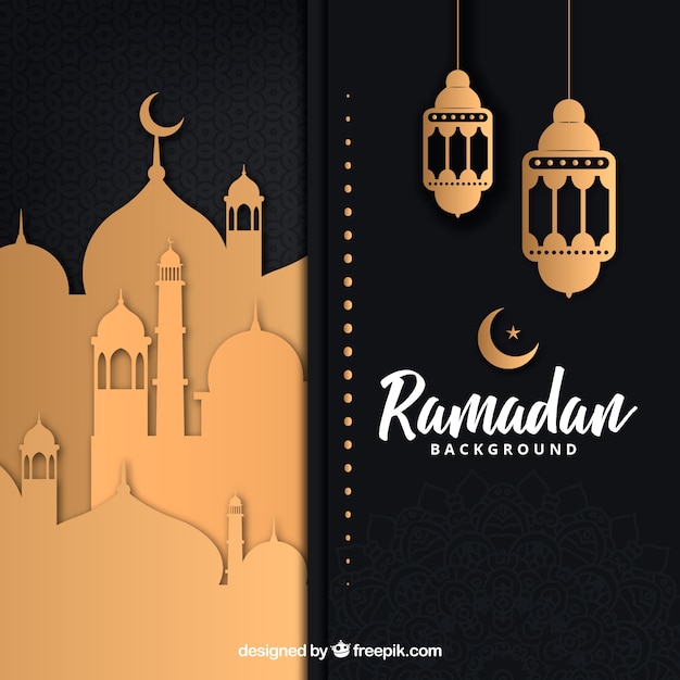 Sfondo di ramadan con moschea e lampade in texture di carta