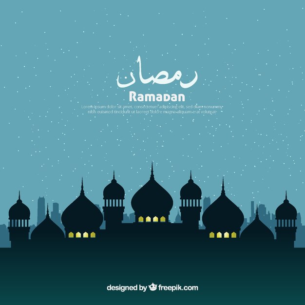 Ramadan background with mosque silhouette in flat style