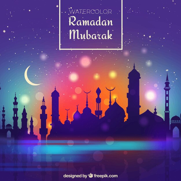 Ramadan background with mosque silhouette and gradient sky