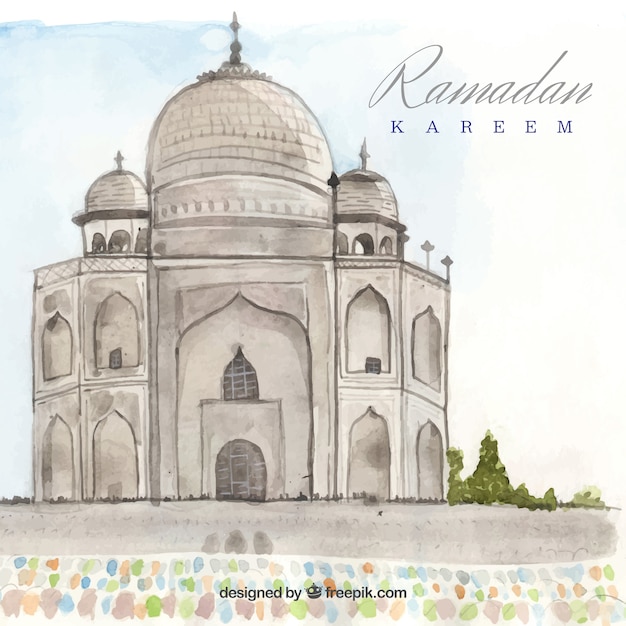 Ramadan background with mosque in watercolor style