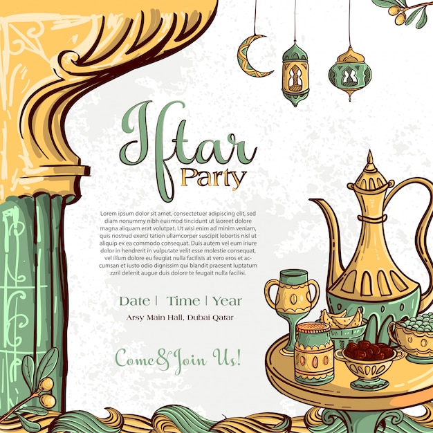 Ramadan iftar party greeting card with hand drawn dates and islamic food on white grunge background.