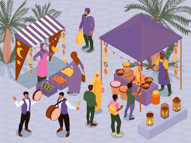 Free vector ramadan isometric vector illustration with muslims celebrating buying lean products at market decorated with lanterns