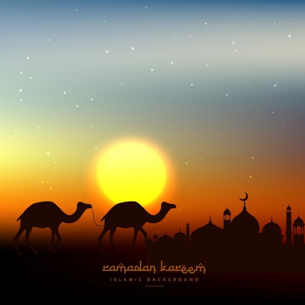 Ramadan kareem background in evening sky with sun