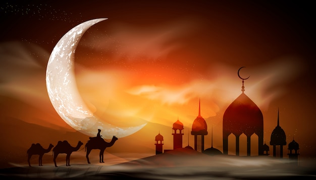 Ramadan kareem background. religion holy month. caligraphy. light moon. clouds. temple with domes. old muslim city.