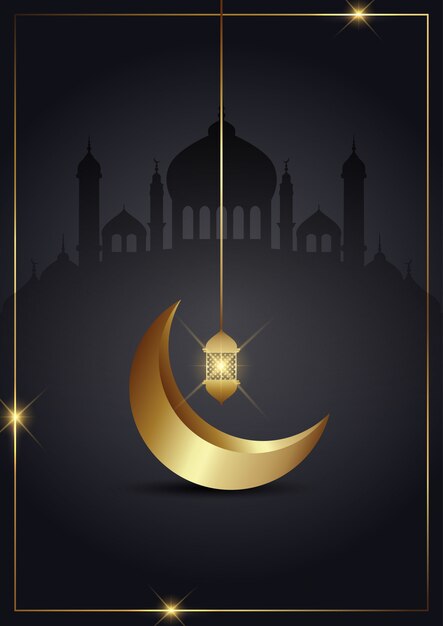 Ramadan Kareem background with gold crescent and lantern