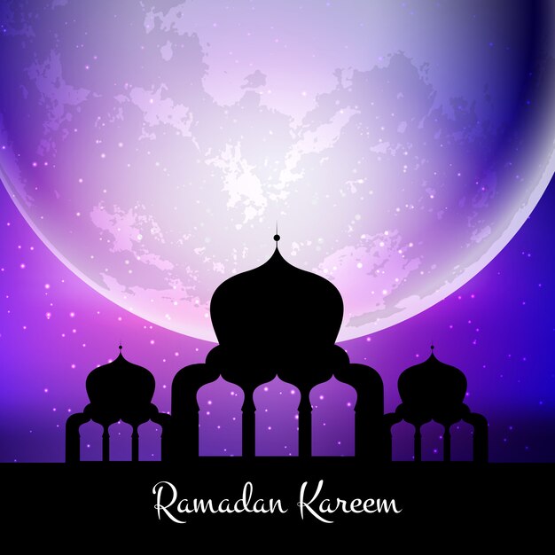 Ramadan Kareem background with mosque against moon