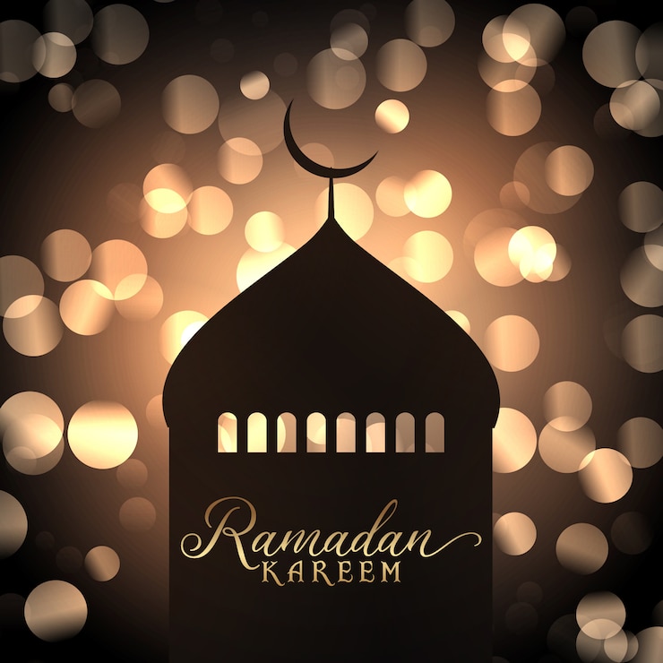 Free Vector ramadan kareem background with mosque silhouette against gold bokeh lights