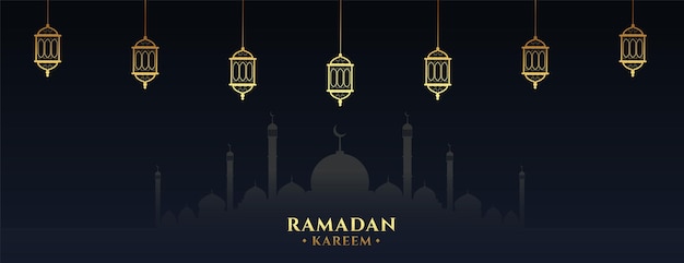 Ramadan kareem banner with golden lantern decoration