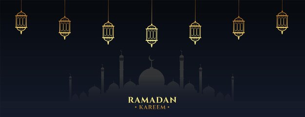 Ramadan kareem banner with golden lantern decoration