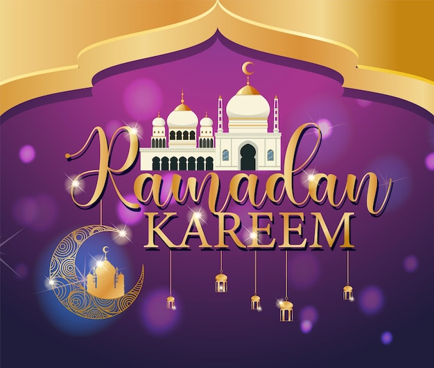 Vettore gratuito striscione ramadan kareem con motivi islamici e lanterne