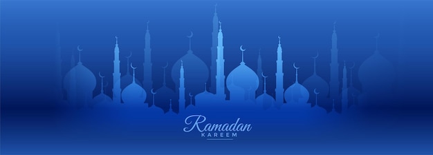 Vettore gratuito banner blu ramadan kareem con design moschea