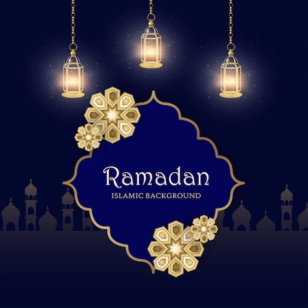 Free vector ramadan kareem blue golden background islamic social media banner free vector