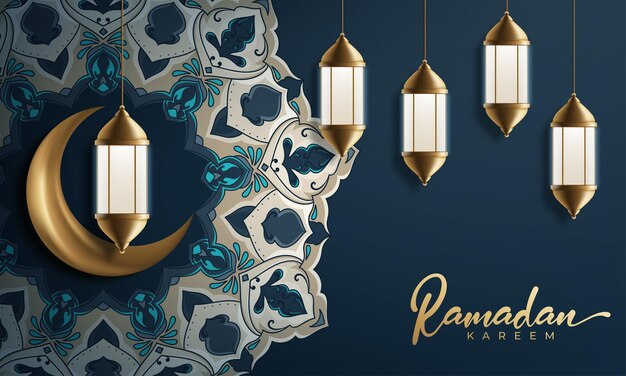 Ramadan kareem decorative moon with hanging lamps