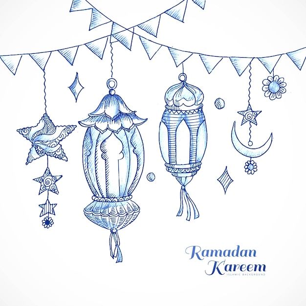 Ramadan kareem design with decorative lantern and islamic sketch card background